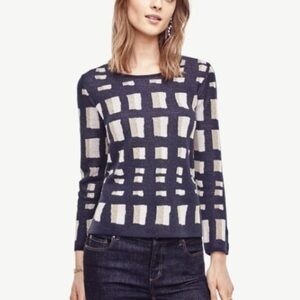 𝅺Ann Taylor Lattice Wool Knit Navy Gold Metallic Festive Holiday Sweater XS